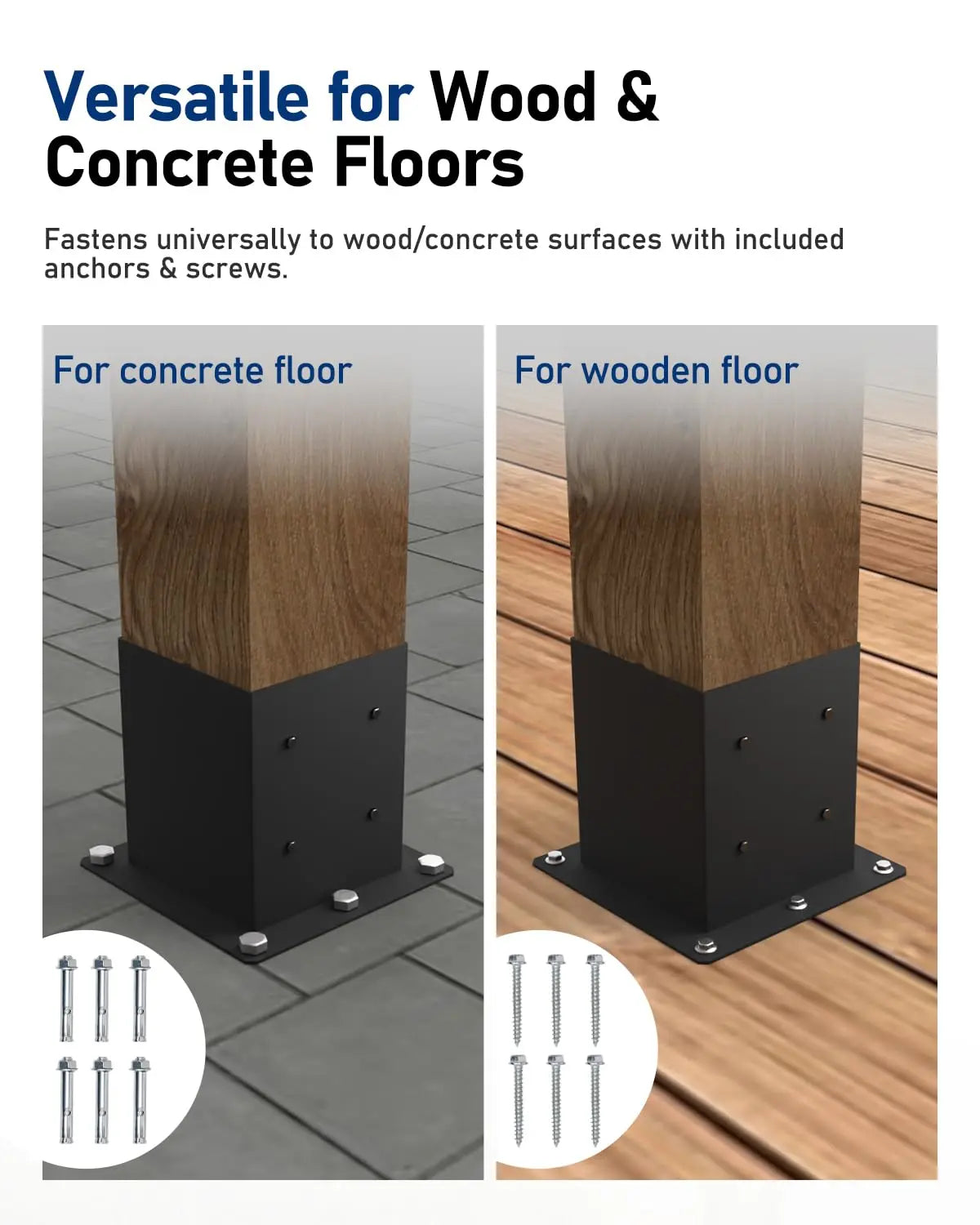 Vikofan 4-Pack 4x4 Post Base Brackets for Concrete - 3.5"x3.5" Wood Post Anchor - Deck, Fence, Pergola Raised Mount with Hardware - Rust-Resistant Black Steel