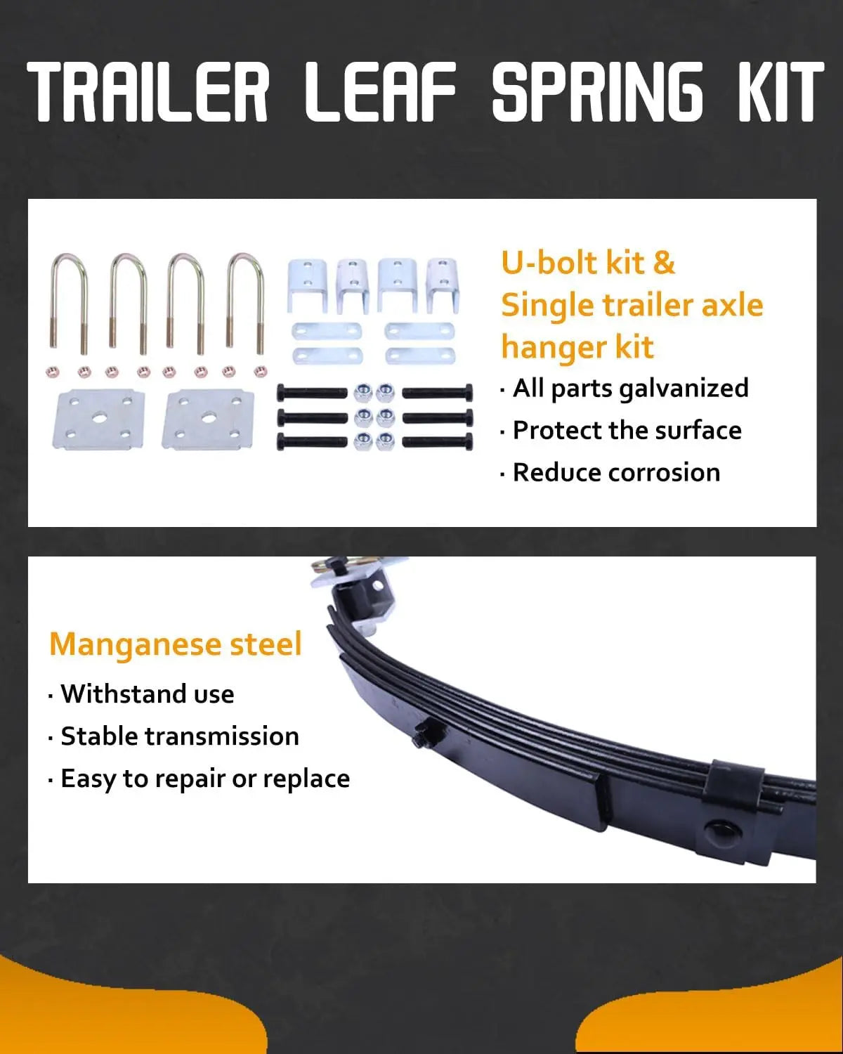 Trailer Leaf Spring Kit 3500lb Single Axle 4 Leaf Spring Kit with U-Bolts & Hangers