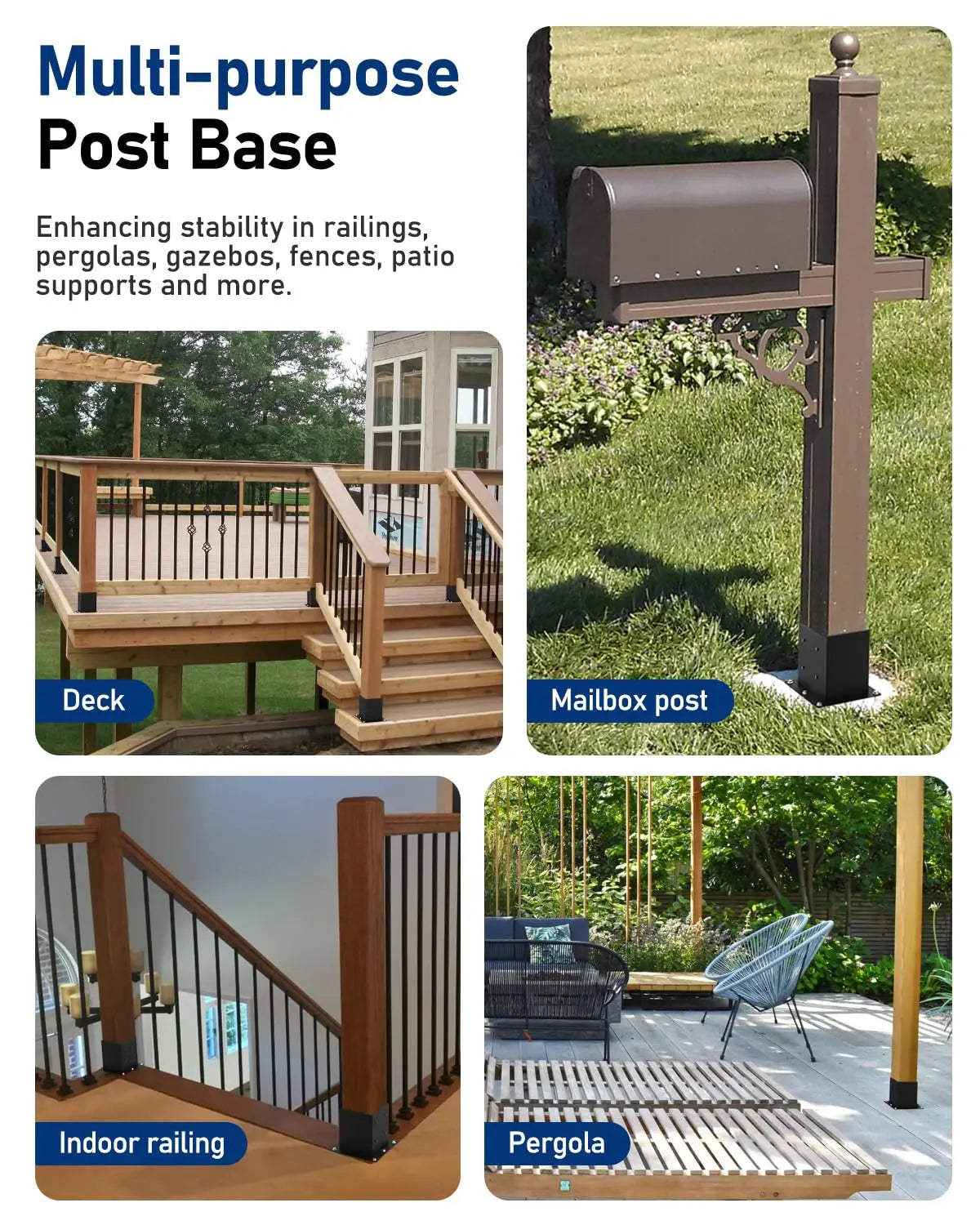 Vikofan 4-Pack 4x4 Post Base Brackets for Concrete - 3.5"x3.5" Wood Post Anchor - Deck, Fence, Pergola Raised Mount with Hardware - Rust-Resistant Black Steel